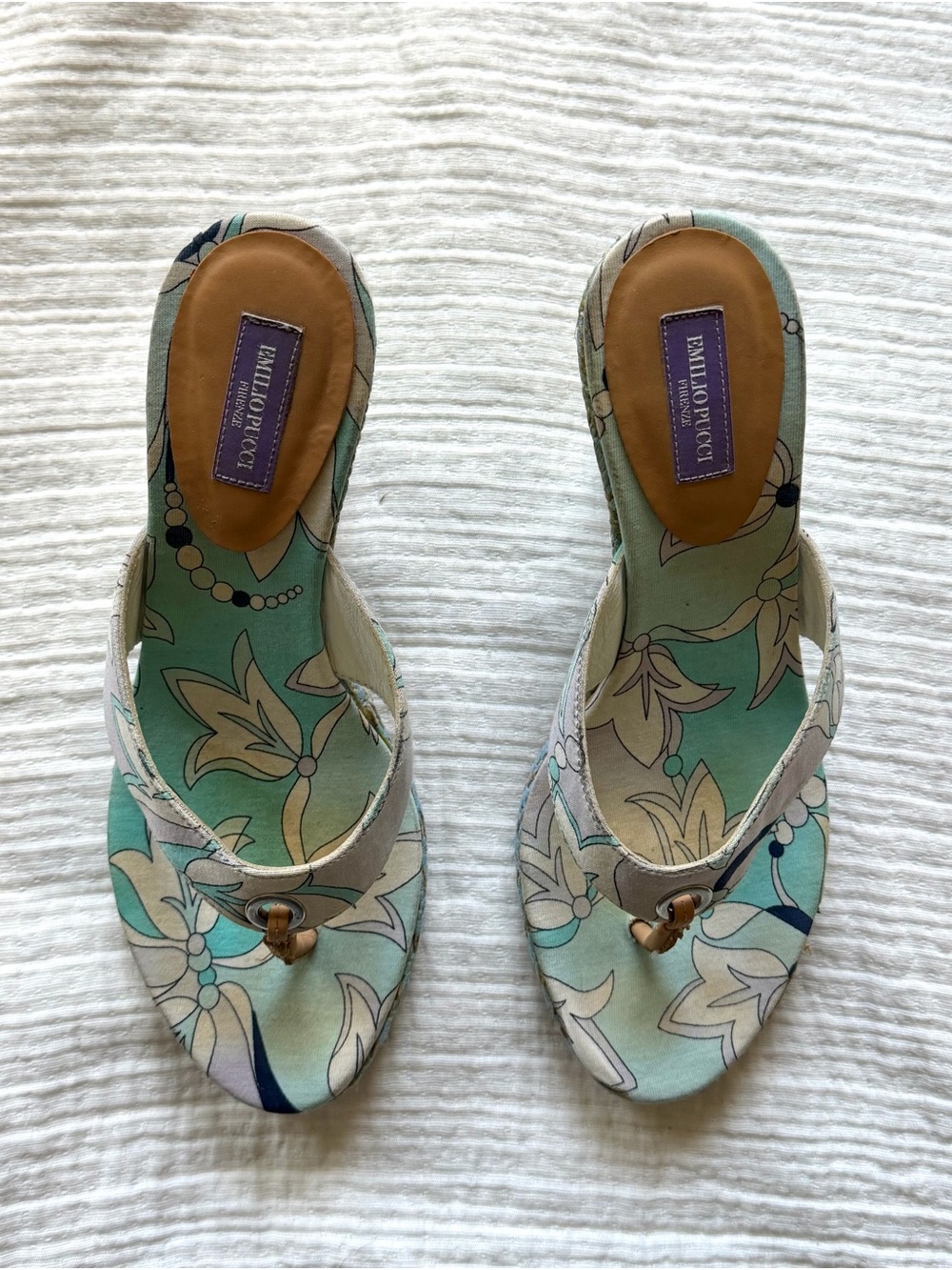 Emilio Pucci Floral Mint and Cream Slip-On Sandals